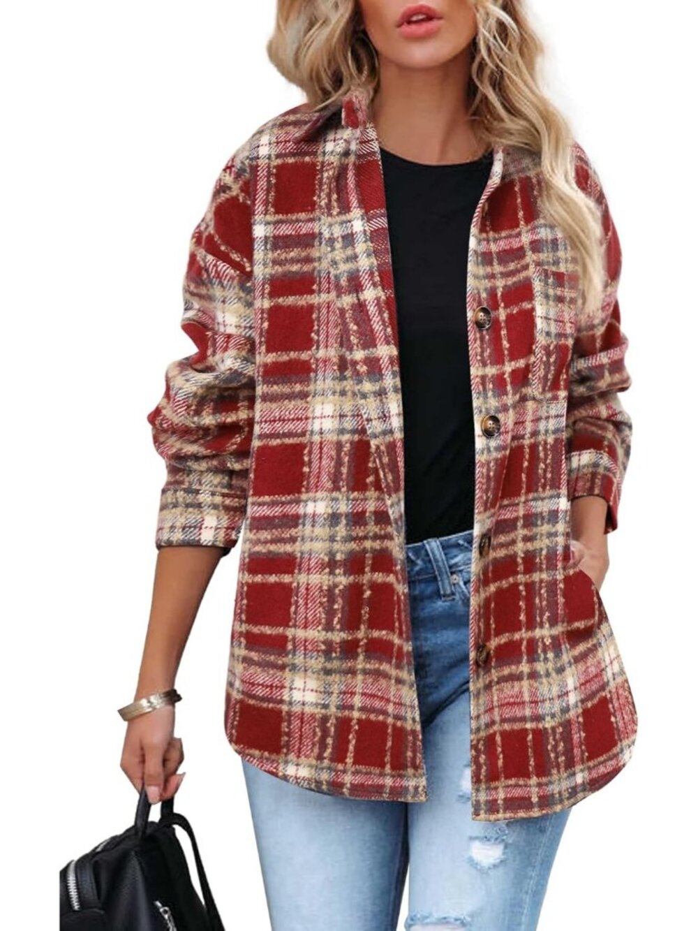 Women's Wine Red Fall Plaid Long Sleeve Bust Pocket Button Down Flannel Shacket